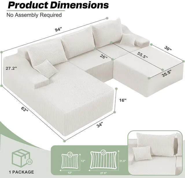 Alt view image 2 of 7 - 94 U Shaped Modular Sectional Couch for Living Room, Modular Cloud Sofa with Ottoman, No Assembly Boneless Couches with Deep Seat, Corduroy Fabric (Beige, Left Facing)