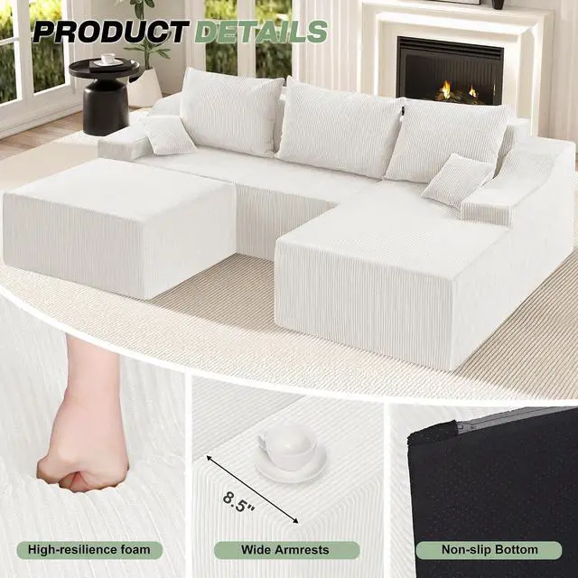 Alt view image 5 of 7 - 94 U Shaped Modular Sectional Couch for Living Room, Modular Cloud Sofa with Ottoman, No Assembly Boneless Couches with Deep Seat, Corduroy Fabric (Beige, Right Facing)