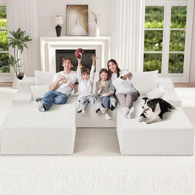 Alt view image 3 of 7 - 94 U Shaped Modular Sectional Couch for Living Room, Modular Cloud Sofa with Ottoman, No Assembly Boneless Couches with Deep Seat, Corduroy Fabric (Beige, Left Facing)