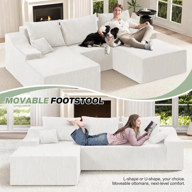 Alt view image 4 of 7 - 94 U Shaped Modular Sectional Couch for Living Room, Modular Cloud Sofa with Ottoman, No Assembly Boneless Couches with Deep Seat, Corduroy Fabric (Beige, Left Facing)