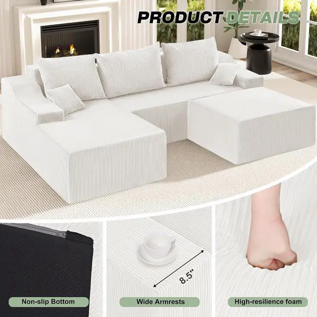 Alt view image 5 of 7 - 94 U Shaped Modular Sectional Couch for Living Room, Modular Cloud Sofa with Ottoman, No Assembly Boneless Couches with Deep Seat, Corduroy Fabric (Beige, Left Facing)