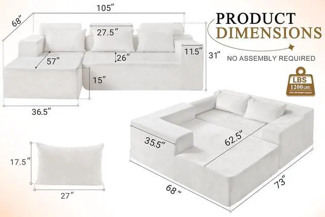 Alt view image 2 of 7 - 105" L-Shape Modular Sectional Sofa Couch for Living Room,No Assembly Required,Modular Comfy Sofa with Deep Seat for Living Room Bedroom,Luxury Distressed Velvet(Left,Beige)