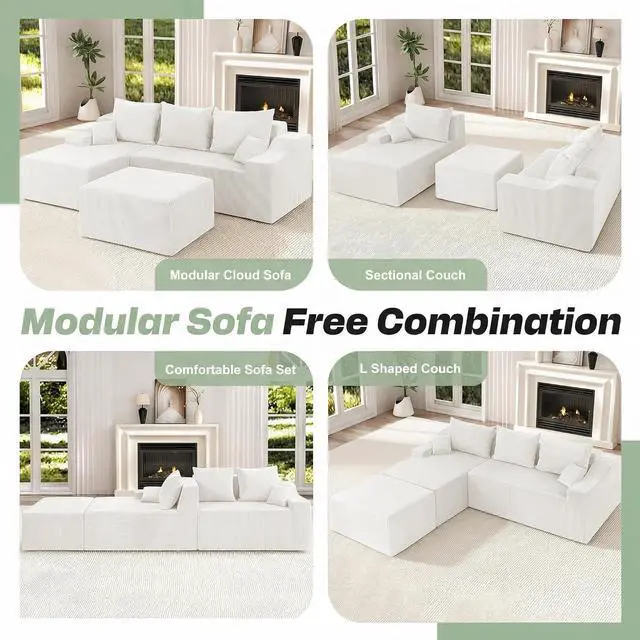 Alt view image 7 of 7 - 94 U Shaped Modular Sectional Couch for Living Room, Modular Cloud Sofa with Ottoman, No Assembly Boneless Couches with Deep Seat, Corduroy Fabric (Beige, Left Facing)