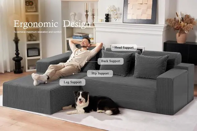 Alt view image 3 of 7 - Sectional Couches for Living Room,No Assembly L Shaped Couch 105" Modular Sectional Sofa Couch with Deep Seat,Cloud Couches Furniture Sets for Apartment,Corduroy (Dark Grey, Left Facing)