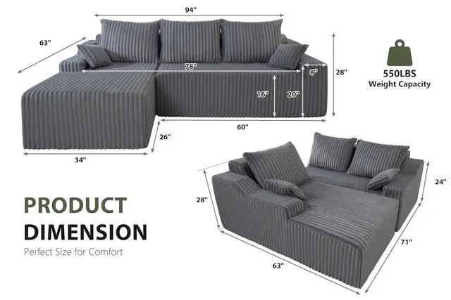 Alt view image 2 of 7 - 94'' Cloud Sectional Couch, Boneless Sofa with Deep Seat, Modular Comfy L-Shape Couch with Chaise for Living Room Bedroom, No Assembly Required(Grey,Left Facing Chaise)