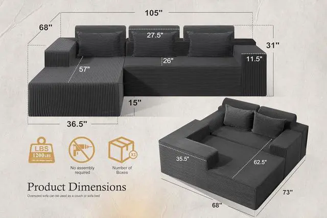 Alt view image 2 of 7 - Sectional Couches for Living Room,No Assembly L Shaped Couch 105" Modular Sectional Sofa Couch with Deep Seat,Cloud Couches Furniture Sets for Apartment,Corduroy (Dark Grey, Left Facing)