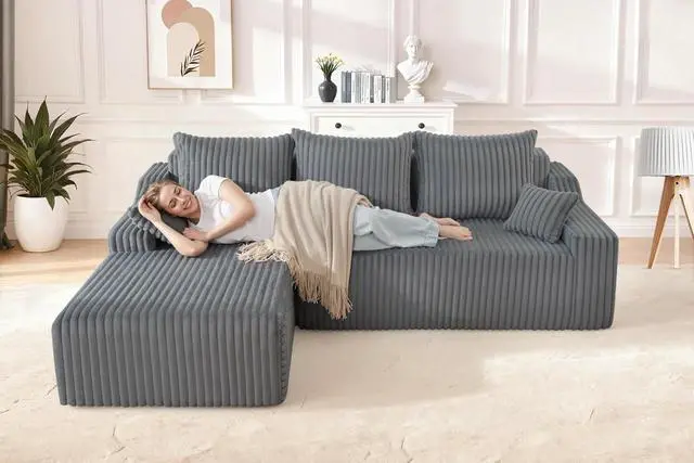 Alt view image 4 of 7 - 94'' Cloud Sectional Couch, Boneless Sofa with Deep Seat, Modular Comfy L-Shape Couch with Chaise for Living Room Bedroom, No Assembly Required(Grey,Left Facing Chaise)