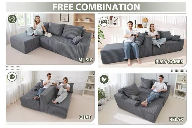 Alt view image 6 of 7 - 94'' Cloud Sectional Couch, Boneless Sofa with Deep Seat, Modular Comfy L-Shape Couch with Chaise for Living Room Bedroom, No Assembly Required(Grey,Left Facing Chaise)