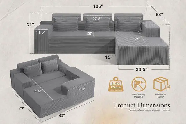 Alt view image 2 of 7 - Sectional Couches for Living Room,No Assembly L Shaped Couch 105" Modular Sectional Sofa Couch with Deep Seat,Cloud Couches Furniture Sets for Apartment,Corduroy (Light Grey, Right Facing)