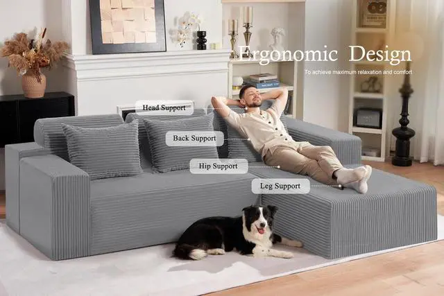 Alt view image 3 of 7 - Sectional Couches for Living Room,No Assembly L Shaped Couch 105" Modular Sectional Sofa Couch with Deep Seat,Cloud Couches Furniture Sets for Apartment,Corduroy (Light Grey, Right Facing)