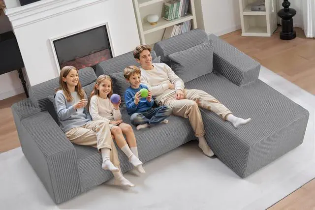 Alt view image 5 of 7 - Sectional Couches for Living Room,No Assembly L Shaped Couch 105" Modular Sectional Sofa Couch with Deep Seat,Cloud Couches Furniture Sets for Apartment,Corduroy (Light Grey, Right Facing)