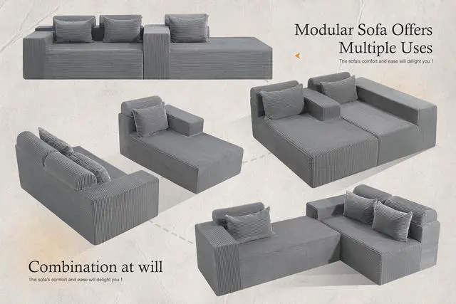 Alt view image 6 of 7 - Sectional Couches for Living Room,No Assembly L Shaped Couch 105" Modular Sectional Sofa Couch with Deep Seat,Cloud Couches Furniture Sets for Apartment,Corduroy (Light Grey, Right Facing)