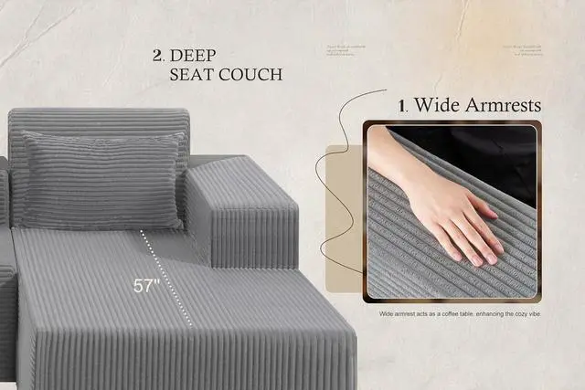 Alt view image 7 of 7 - Sectional Couches for Living Room,No Assembly L Shaped Couch 105" Modular Sectional Sofa Couch with Deep Seat,Cloud Couches Furniture Sets for Apartment,Corduroy (Light Grey, Right Facing)
