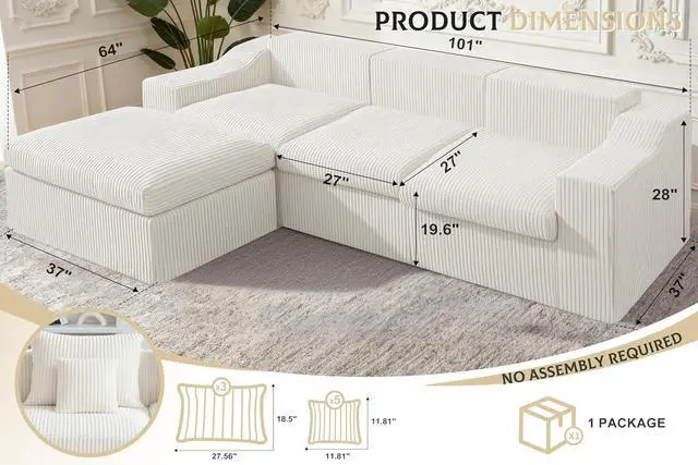 Alt view image 2 of 7 - 101" Modular Couch Sectionals with Ottoman, Big Comfy Cloud Couches, L Shaped 4 Seat Modular Sectional Sofa, Sectional Double Cushion Couches with Deep Seat for Living Room,No Assembly Required(Beige)