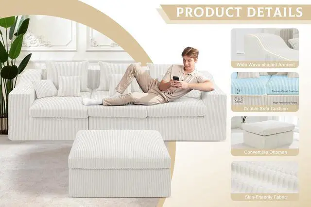 Alt view image 6 of 7 - 101" Modular Couch Sectionals with Ottoman, Big Comfy Cloud Couches, L Shaped 4 Seat Modular Sectional Sofa, Sectional Double Cushion Couches with Deep Seat for Living Room,No Assembly Required(Beige)
