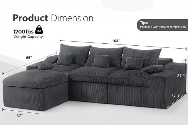 Alt view image 2 of 7 - 104" L Shaped Cloud Sectional Couch, Boneless Modular Sectional Sofa with Deep Seat, Corduroy Couches for Living Room, Modular Couch, No Assembly Required (Grey)
