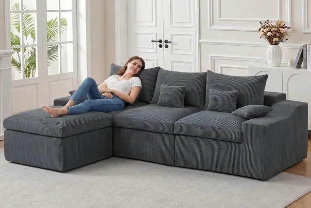 Alt view image 4 of 7 - 104" L Shaped Cloud Sectional Couch, Boneless Modular Sectional Sofa with Deep Seat, Corduroy Couches for Living Room, Modular Couch, No Assembly Required (Grey)