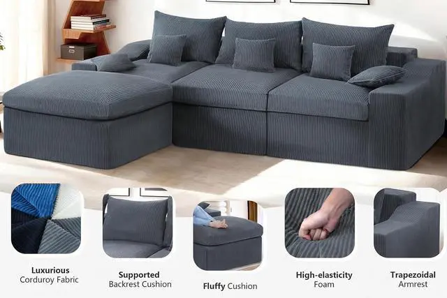 Alt view image 6 of 7 - 104" L Shaped Cloud Sectional Couch, Boneless Modular Sectional Sofa with Deep Seat, Corduroy Couches for Living Room, Modular Couch, No Assembly Required (Grey)