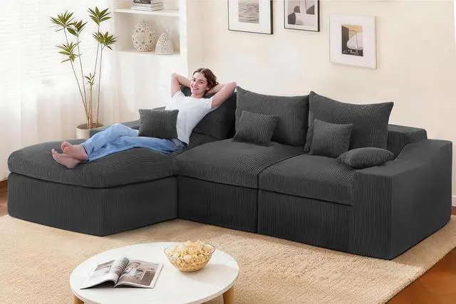 Alt view image 7 of 7 - 104" L Shaped Cloud Sectional Couch, Boneless Modular Sectional Sofa with Deep Seat, Corduroy Couches for Living Room, Modular Couch, No Assembly Required (Grey)