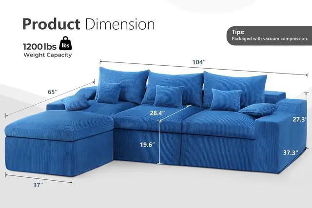 Alt view image 2 of 7 - 104" L Shaped Cloud Sectional Couch, Boneless Modular Sectional Sofa with Deep Seat, Corduroy Couches for Living Room, Modular Couch, No Assembly Required (Blue)