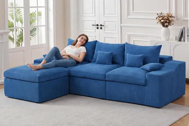 Alt view image 4 of 7 - 104" L Shaped Cloud Sectional Couch, Boneless Modular Sectional Sofa with Deep Seat, Corduroy Couches for Living Room, Modular Couch, No Assembly Required (Blue)