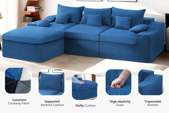 Alt view image 6 of 7 - 104" L Shaped Cloud Sectional Couch, Boneless Modular Sectional Sofa with Deep Seat, Corduroy Couches for Living Room, Modular Couch, No Assembly Required (Blue)