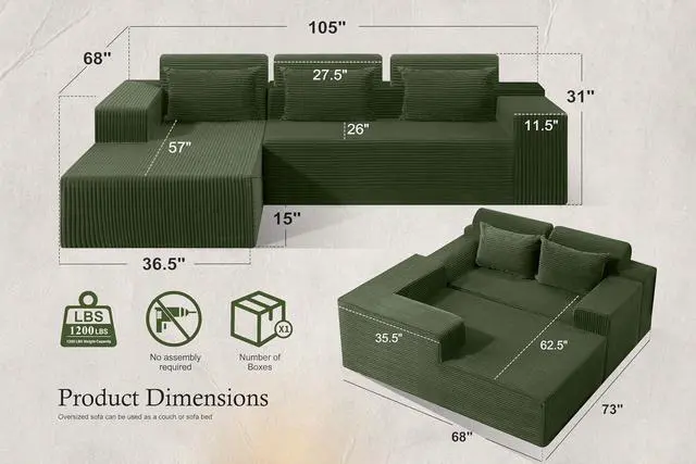 Alt view image 2 of 7 - Sectional Couches for Living Room,No Assembly L Shaped Couch 105" Modular Sectional Sofa Couch with Deep Seat,Cloud Couches Furniture Sets for Apartment,Corduroy (Green, Left Facing)