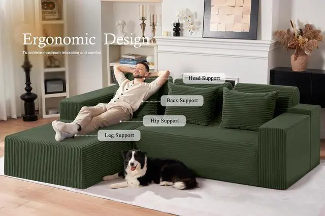 Alt view image 3 of 7 - Sectional Couches for Living Room,No Assembly L Shaped Couch 105" Modular Sectional Sofa Couch with Deep Seat,Cloud Couches Furniture Sets for Apartment,Corduroy (Green, Left Facing)