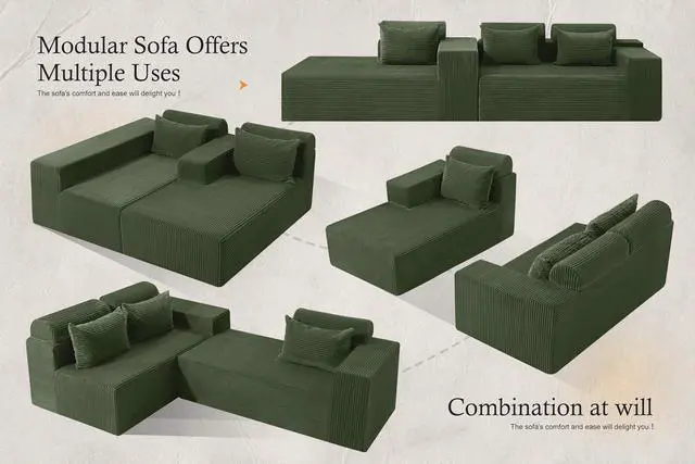 Alt view image 6 of 7 - Sectional Couches for Living Room,No Assembly L Shaped Couch 105" Modular Sectional Sofa Couch with Deep Seat,Cloud Couches Furniture Sets for Apartment,Corduroy (Green, Left Facing)