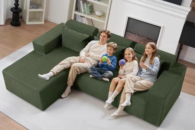 Alt view image 5 of 7 - Sectional Couches for Living Room,No Assembly L Shaped Couch 105" Modular Sectional Sofa Couch with Deep Seat,Cloud Couches Furniture Sets for Apartment,Corduroy (Green, Left Facing)