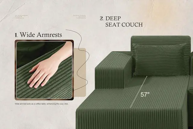 Alt view image 7 of 7 - Sectional Couches for Living Room,No Assembly L Shaped Couch 105" Modular Sectional Sofa Couch with Deep Seat,Cloud Couches Furniture Sets for Apartment,Corduroy (Green, Left Facing)