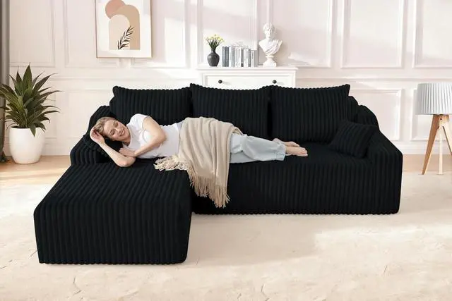 Alt view image 4 of 7 - 94'' Cloud Sectional Couch, Boneless Sofa with Deep Seat, Modular Comfy L-Shape Couch with Chaise for Living Room Bedroom, No Assembly Required(Black,Left Facing Chaise)