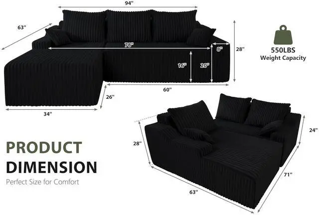 Alt view image 2 of 7 - 94'' Cloud Sectional Couch, Boneless Sofa with Deep Seat, Modular Comfy L-Shape Couch with Chaise for Living Room Bedroom, No Assembly Required(Black,Left Facing Chaise)