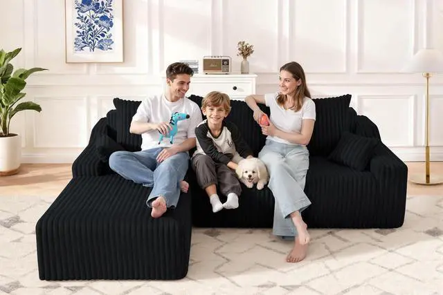 Alt view image 5 of 7 - 94'' Cloud Sectional Couch, Boneless Sofa with Deep Seat, Modular Comfy L-Shape Couch with Chaise for Living Room Bedroom, No Assembly Required(Black,Left Facing Chaise)