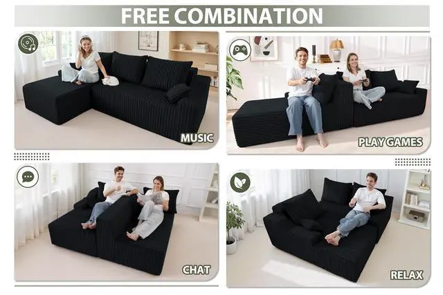 Alt view image 6 of 7 - 94'' Cloud Sectional Couch, Boneless Sofa with Deep Seat, Modular Comfy L-Shape Couch with Chaise for Living Room Bedroom, No Assembly Required(Black,Left Facing Chaise)