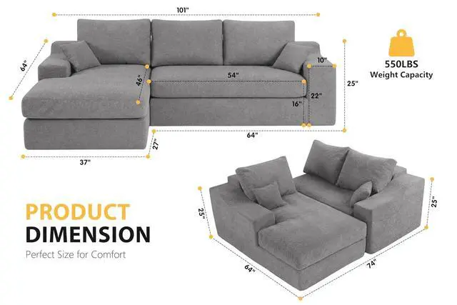 Alt view image 2 of 7 - 101'' Modular Sectional Sofa, Cloud Sectional Couches for Living Room, Comfy Boneless Couch with Deep Seat, Modern L-Shape Sofa with Chaise, No Assembly Required (Grey, Left Facing Chaise)