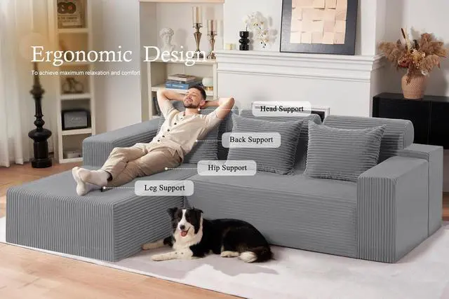 Alt view image 3 of 7 - Sectional Couches for Living Room,No Assembly L Shaped Couch 105" Modular Sectional Sofa Couch with Deep Seat,Cloud Couches Furniture Sets for Apartment,Corduroy (Light Grey, Left Facing)
