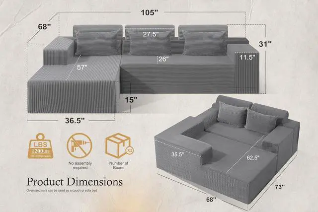 Alt view image 2 of 7 - Sectional Couches for Living Room,No Assembly L Shaped Couch 105" Modular Sectional Sofa Couch with Deep Seat,Cloud Couches Furniture Sets for Apartment,Corduroy (Light Grey, Left Facing)