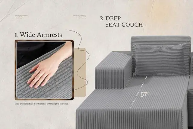 Alt view image 7 of 7 - Sectional Couches for Living Room,No Assembly L Shaped Couch 105" Modular Sectional Sofa Couch with Deep Seat,Cloud Couches Furniture Sets for Apartment,Corduroy (Light Grey, Left Facing)