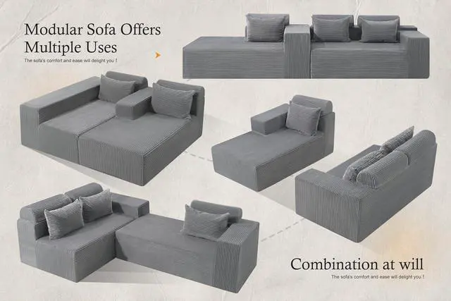 Alt view image 6 of 7 - Sectional Couches for Living Room,No Assembly L Shaped Couch 105" Modular Sectional Sofa Couch with Deep Seat,Cloud Couches Furniture Sets for Apartment,Corduroy (Light Grey, Left Facing)