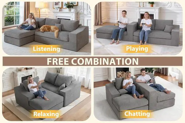 Alt view image 6 of 7 - 101'' Modular Sectional Sofa, Cloud Sectional Couches for Living Room, Comfy Boneless Couch with Deep Seat, Modern L-Shape Sofa with Chaise, No Assembly Required (Grey, Left Facing Chaise)