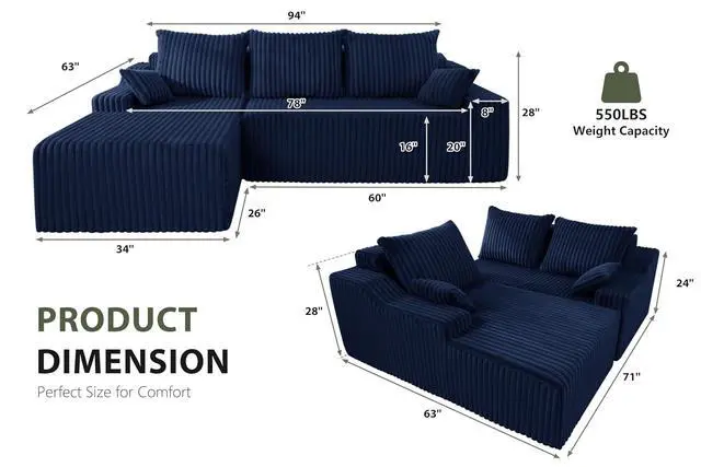 Alt view image 2 of 7 - 94'' Cloud Sectional Couch, Boneless Sofa with Deep Seat, Modular Comfy L-Shape Couch with Chaise for Living Room Bedroom, No Assembly Required(Blue,Left Facing Chaise)