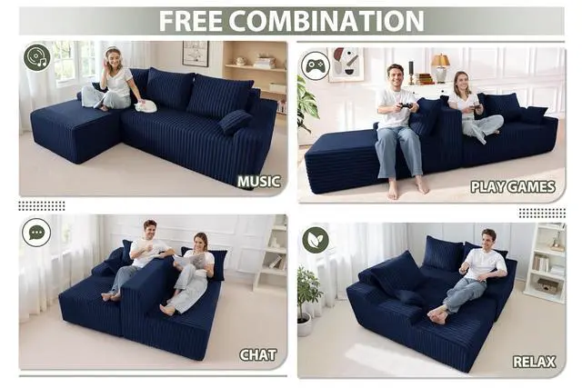 Alt view image 6 of 7 - 94'' Cloud Sectional Couch, Boneless Sofa with Deep Seat, Modular Comfy L-Shape Couch with Chaise for Living Room Bedroom, No Assembly Required(Blue,Left Facing Chaise)