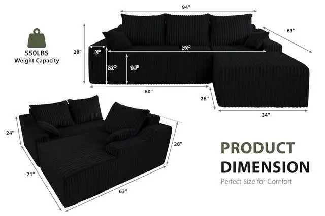 Alt view image 2 of 7 - 94'' Cloud Sectional Couch, Boneless Sofa with Deep Seat, Modular Comfy L-Shape Couch with Chaise for Living Room Bedroom, No Assembly Required(Black,Right Facing Chaise)