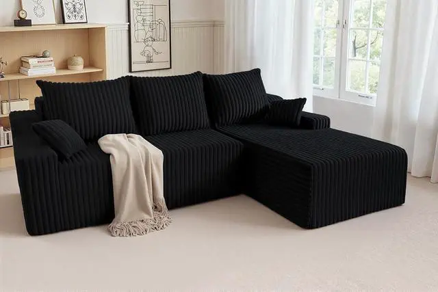 Alt view image 3 of 7 - 94'' Cloud Sectional Couch, Boneless Sofa with Deep Seat, Modular Comfy L-Shape Couch with Chaise for Living Room Bedroom, No Assembly Required(Black,Right Facing Chaise)