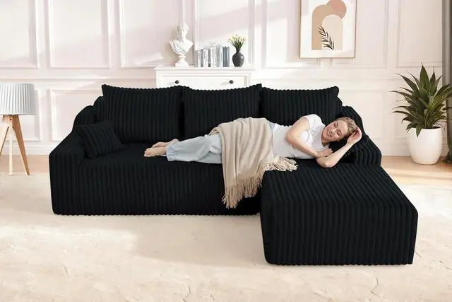 Alt view image 4 of 7 - 94'' Cloud Sectional Couch, Boneless Sofa with Deep Seat, Modular Comfy L-Shape Couch with Chaise for Living Room Bedroom, No Assembly Required(Black,Right Facing Chaise)