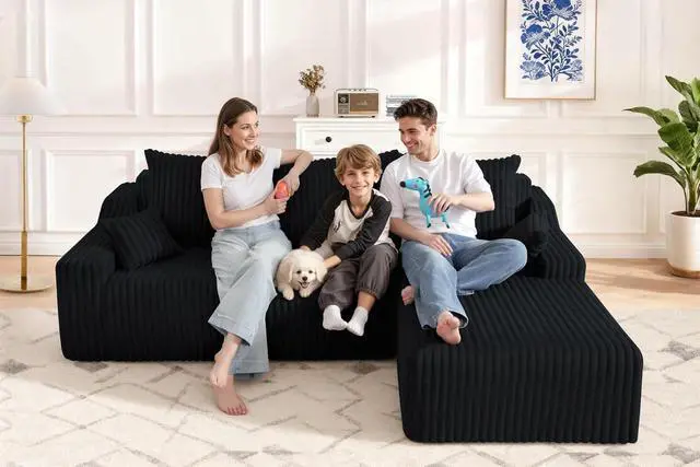 Alt view image 5 of 7 - 94'' Cloud Sectional Couch, Boneless Sofa with Deep Seat, Modular Comfy L-Shape Couch with Chaise for Living Room Bedroom, No Assembly Required(Black,Right Facing Chaise)
