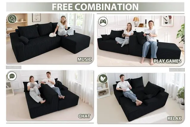 Alt view image 6 of 7 - 94'' Cloud Sectional Couch, Boneless Sofa with Deep Seat, Modular Comfy L-Shape Couch with Chaise for Living Room Bedroom, No Assembly Required(Black,Right Facing Chaise)