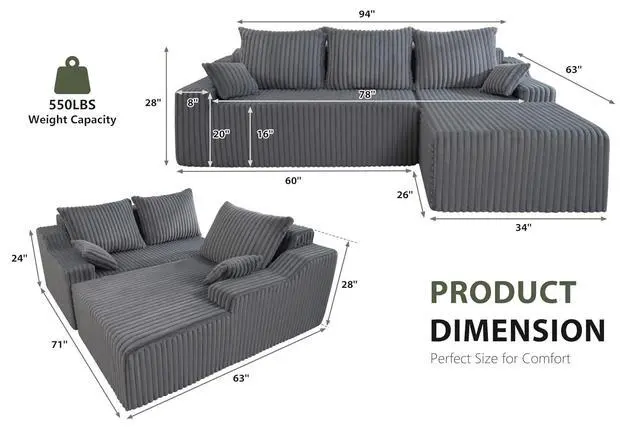 Alt view image 2 of 7 - 94'' Cloud Sectional Couch, Boneless Sofa with Deep Seat, Modular Comfy L-Shape Couch with Chaise for Living Room Bedroom, No Assembly Required(Grey,Right Facing Chaise)
