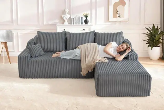 Alt view image 4 of 7 - 94'' Cloud Sectional Couch, Boneless Sofa with Deep Seat, Modular Comfy L-Shape Couch with Chaise for Living Room Bedroom, No Assembly Required(Grey,Right Facing Chaise)